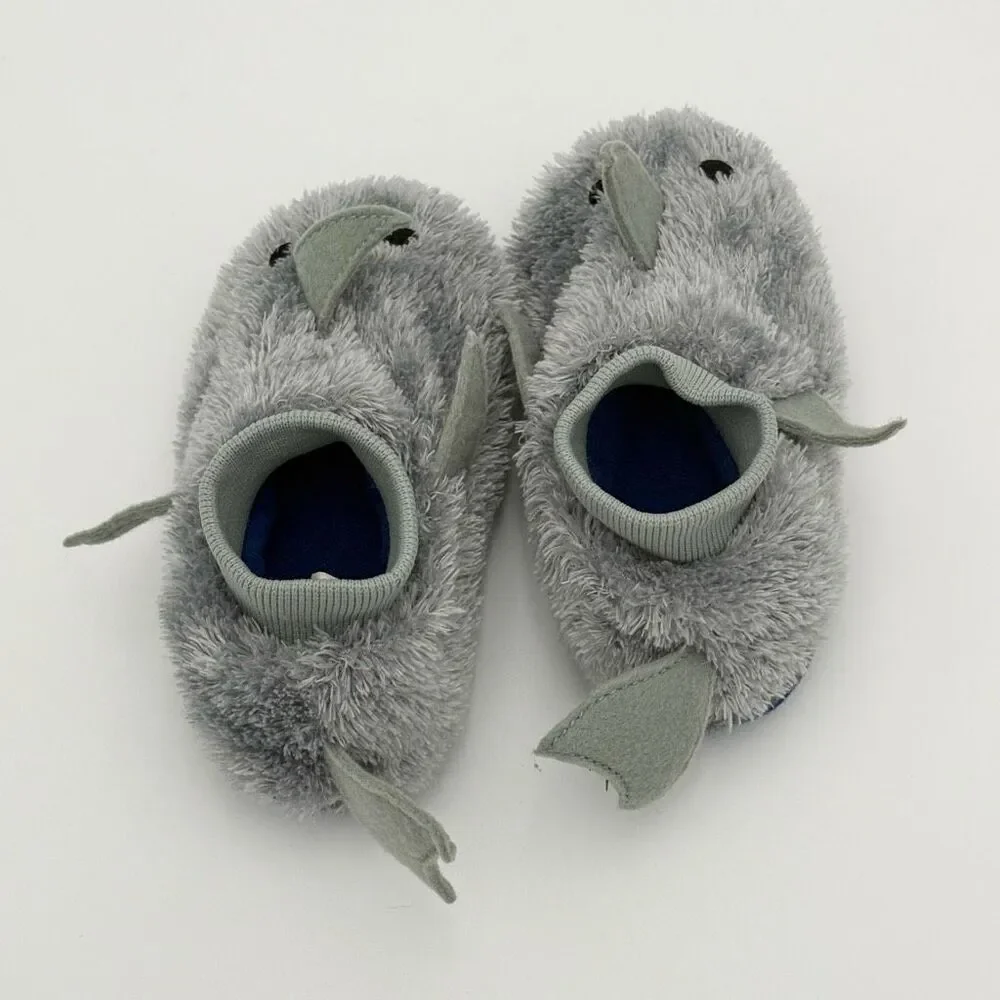 L.L. Bean Slip-On Fuzzy Gray Shark Slippers with Fins - US Toddler Size 7-8
